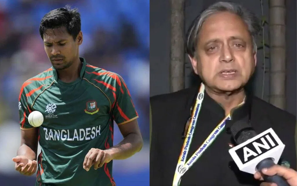 Mustafizur Rahman and Shashi Tharoor [Source: @Muslim_ITCell, @ANI Digital/x]