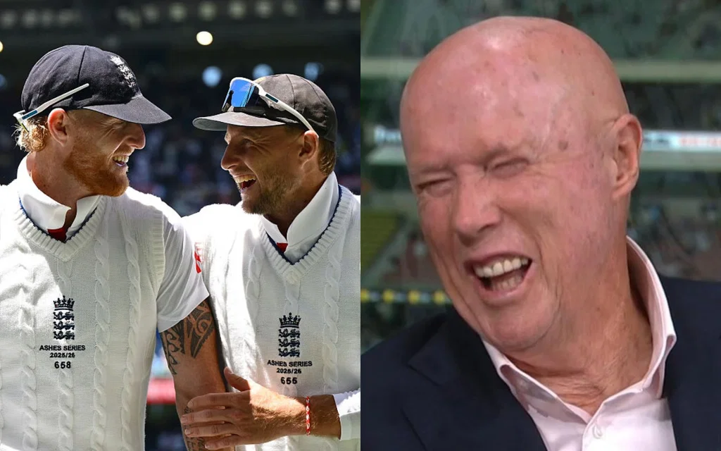 Joe Root, Ben Stokes and Kerry O'Keeffe in the frame [Source: @moriarty_200/X]