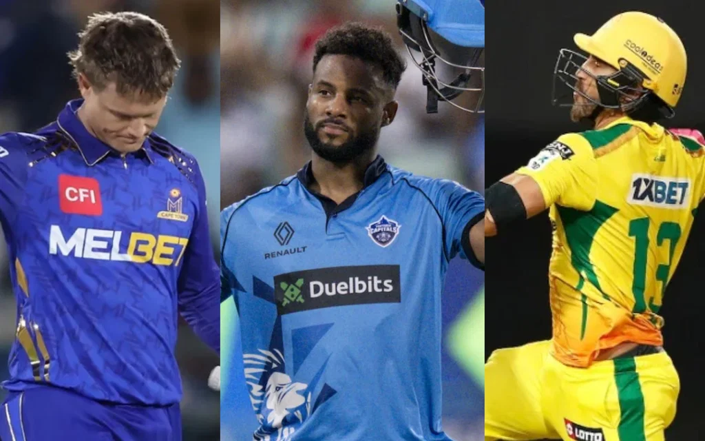 Ryan Rickelton, Shai Hope and Faf du Plessis [Source: @osho_is_here/X]