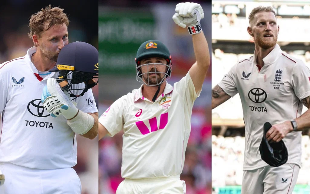 Joe Root beside Travis Head and Ben Stokes [Source: @ImTanujSingh/X]