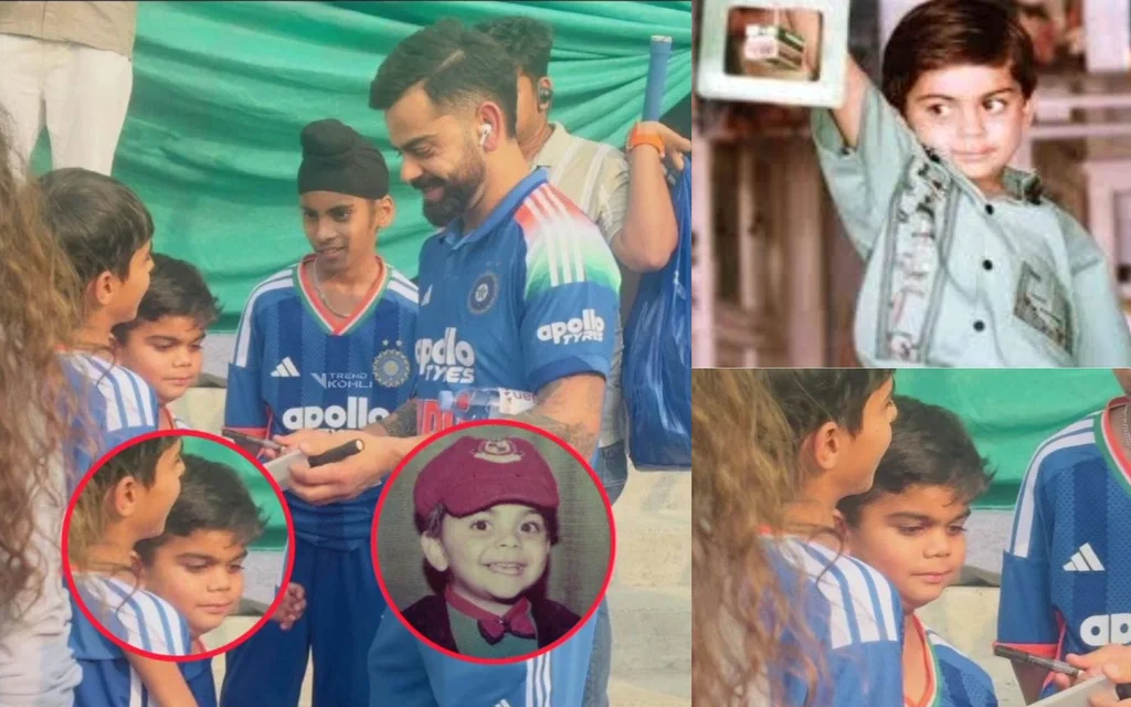 Virat Kohli with a lookalike young fan [Source: @mufaddal_vohra/X]