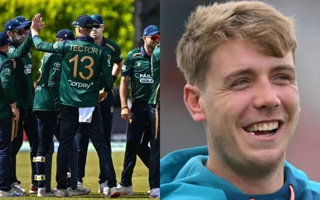 Ireland team and Cameron Green [Source: @cricketireland, @TUnlimitedd/x]