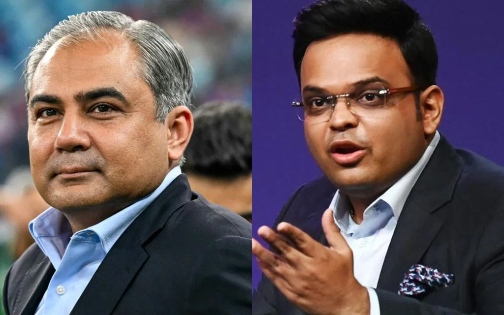 PCB's Mohsin Naqvi Jay Shah for ICC. Image Credits: X