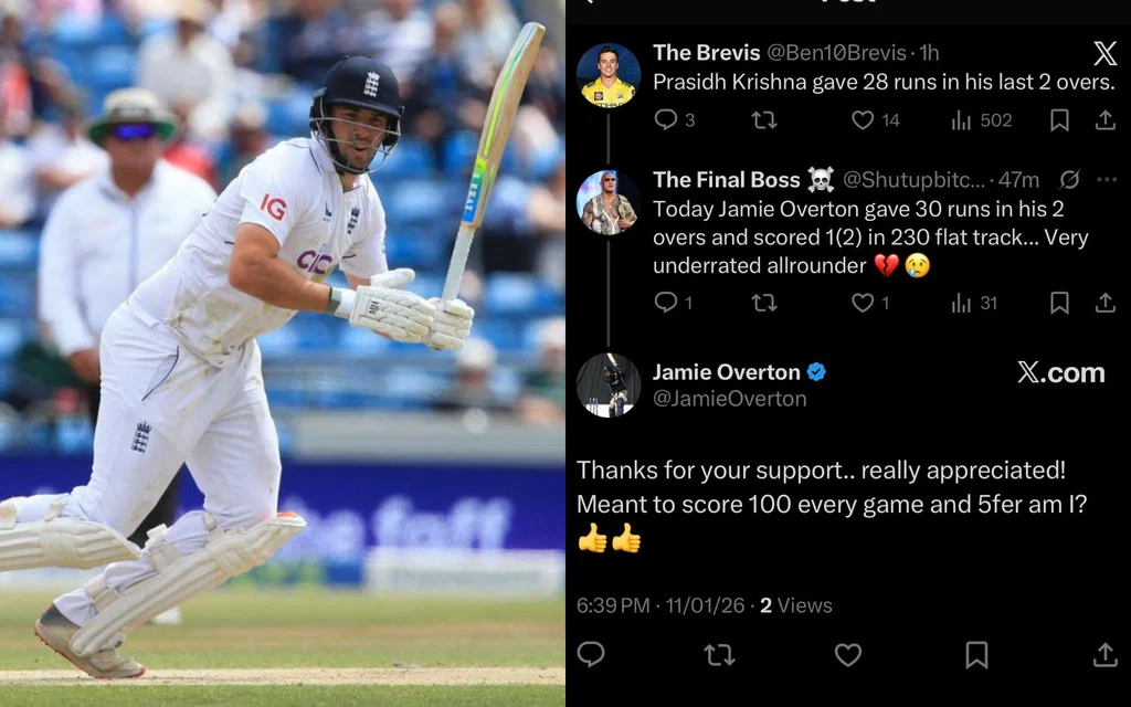 Jamie Overton's sharp reply to a fan (Source: @surreycricket/x.com, @Ben10Brevis/x.com)