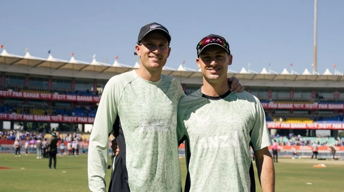 Jayden Lennox (left) making his debut for NZ. [Source - @blackcaps/x]