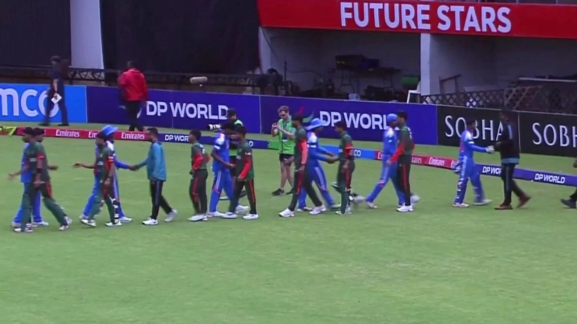 Bangladesh and India U19 players shook hands after the match ended [Source: @cricketangon/X]