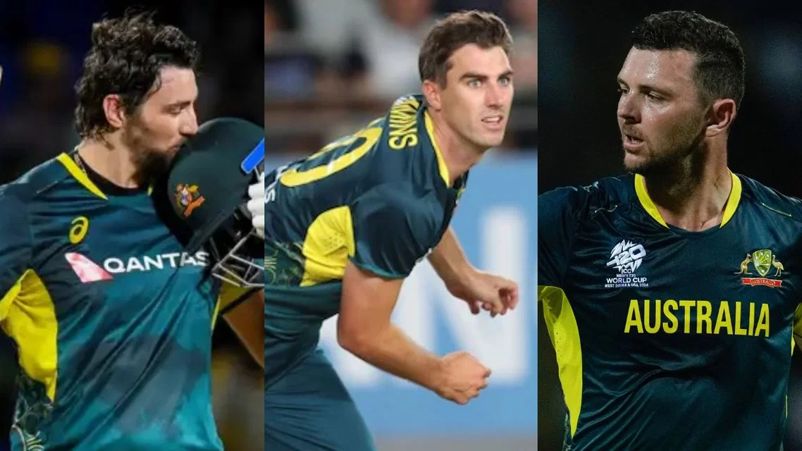 Tim David, Pat Cummins, and Josh Hazlewood for Australia [Image Credits: X]