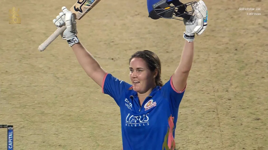 Nat Sciver-Brunt celebrating her WPL 2026 century [Source: @MIPaltanFamily/x]