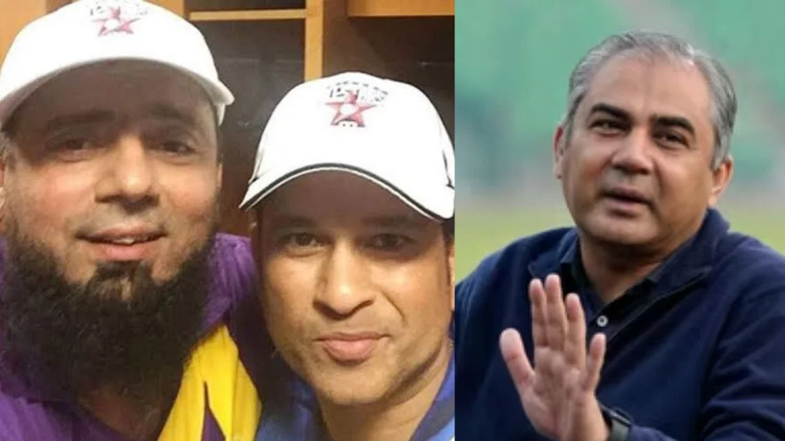 Saqlain Mushtaq with Tendulkar with Mohsin Naqvi in the right [Source: X]