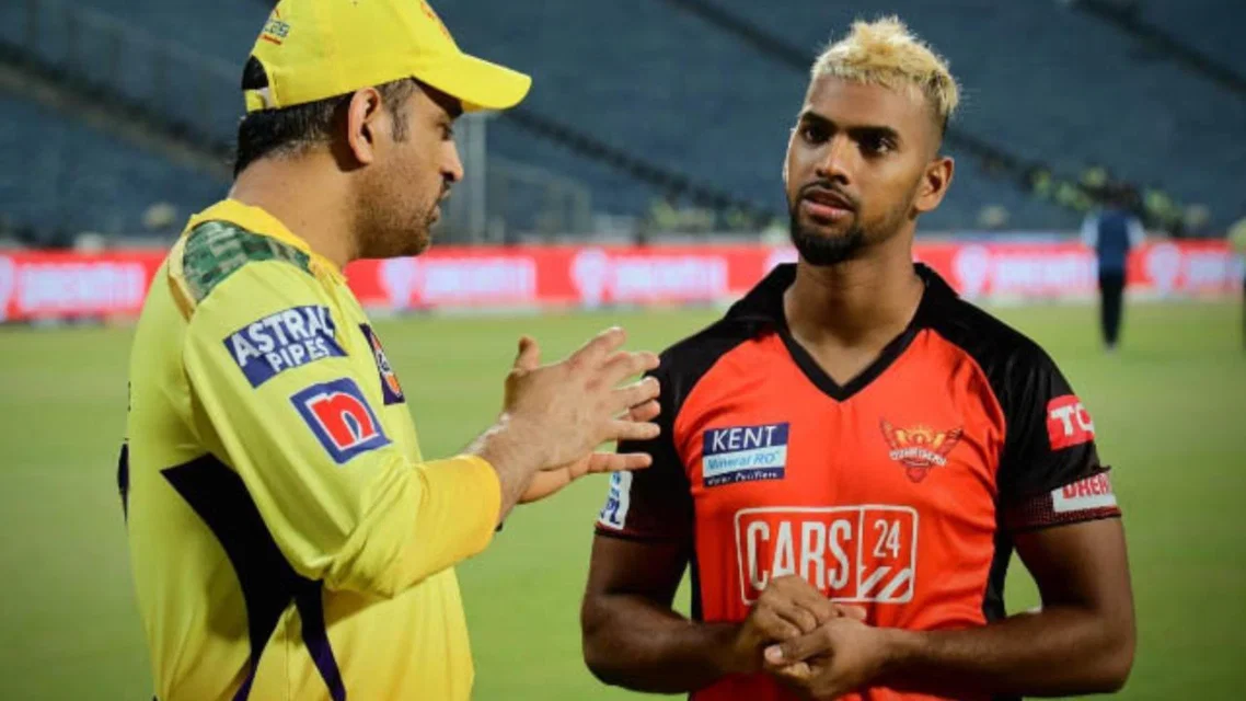 Nicholas Pooran with MS Dhoni. Image Credits: X