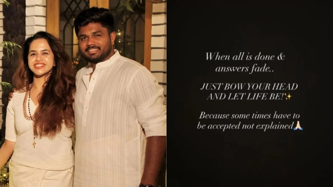 Sanju Samson with his wife [Source: @CricCrazyJohns, @OneCricketApp/x.com]