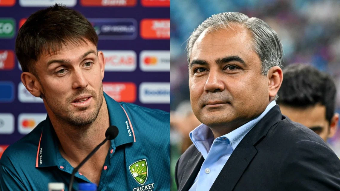 Mitchell Marsh (L) and Mohsin Naqvi (R) (Source: AFP)