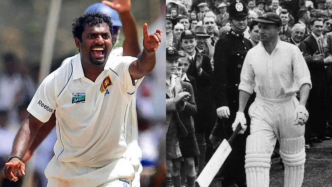 Muttiah Muralitharan (L) and Sir Donald Bradman (R) (Source: AFP)