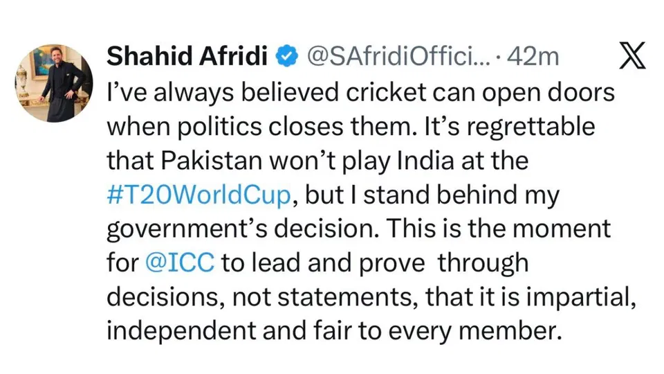 शाहिद अफ़रीदी का ट्वीट [Source: @SAfridiOfficial/X.com]