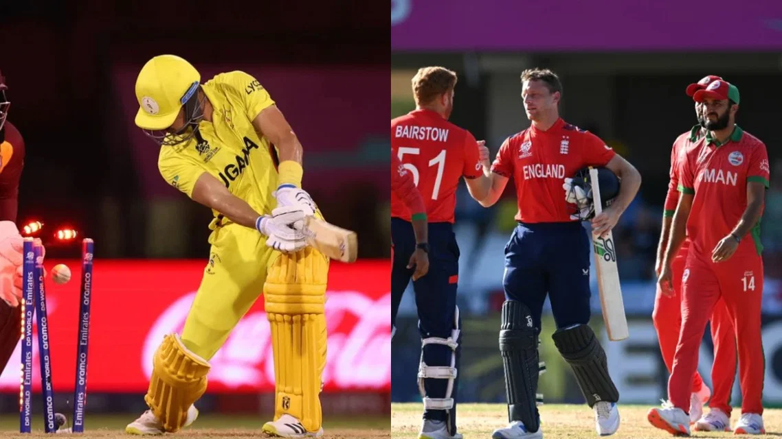 Uganda against West Indies (L) and Oman against England (R) (Source: AFP)