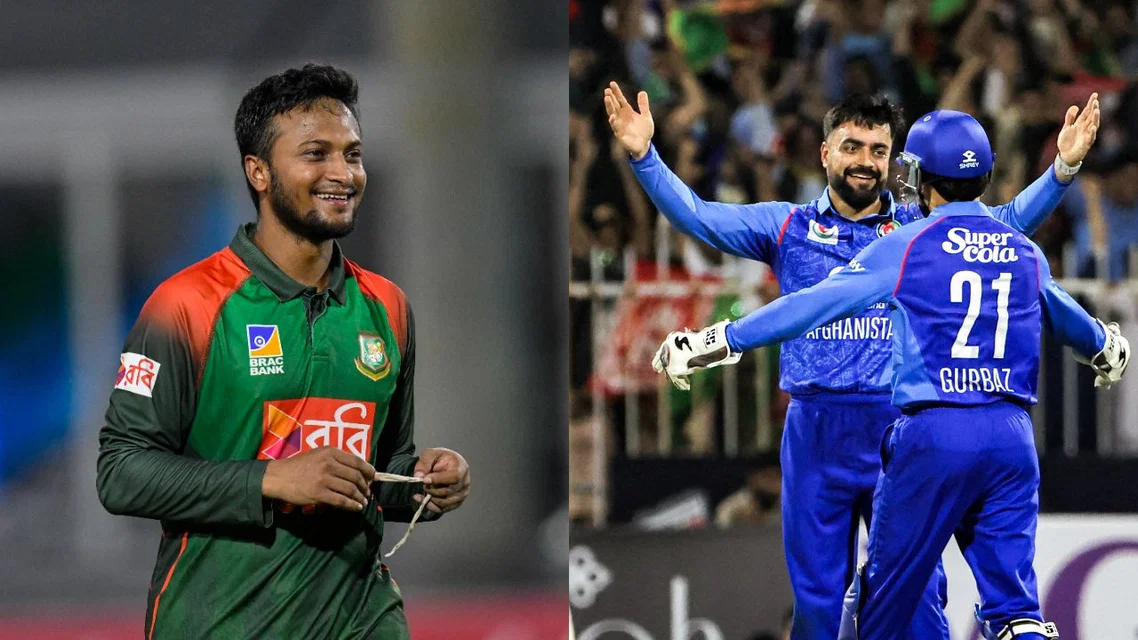 Shakib Al Hasan (L) and Rashid Khan (R) with Rahmanullah Gurbaz (Source: X)