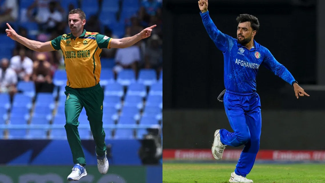 Anrich Nortje (L) and Rashid Khan (R) (Source: AFP)&nbsp;