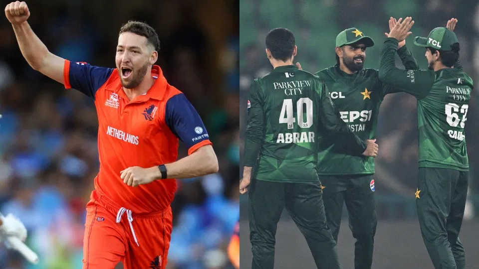 पॉल वैन मीकेरेन (बाएं) और पाकिस्तान क्रिकेट टीम (दाएं) (AFP)