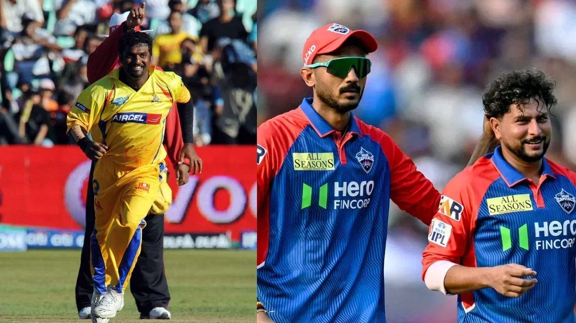 Muttiah Muralitharan (L), Axar Patel (C), and Kuldeep Yadav (R) in IPL (Source: AFP)&nbsp;