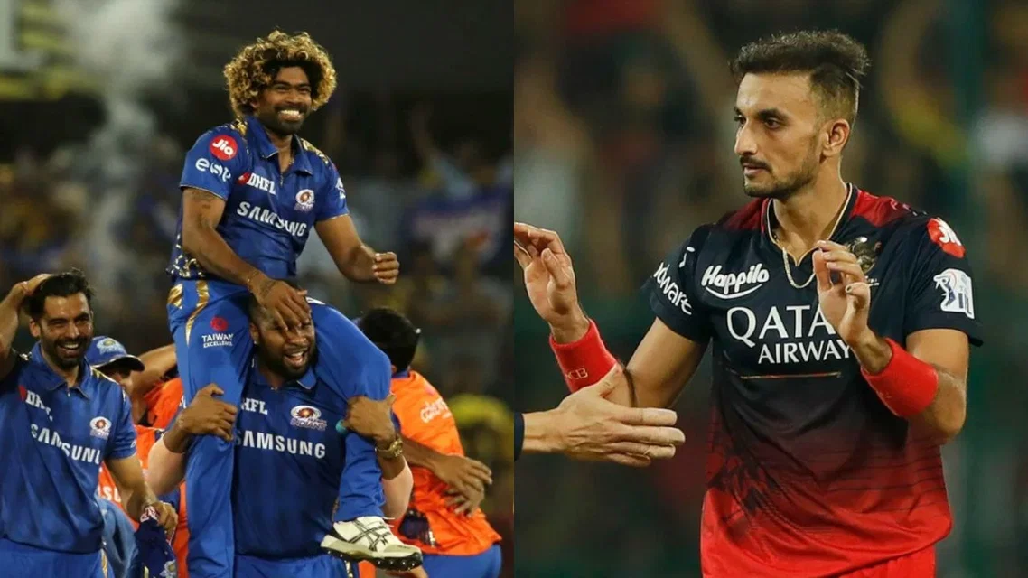 Lasith Malinga on Kieron Pollard's Shoulders (L) and Harshal Patel (R) in IPL (Source: AFP)