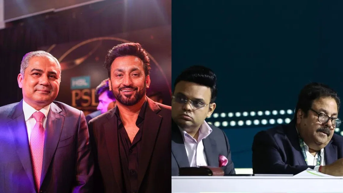 Mohsin Naqvi at PSL Auction Jay Shah at IPL Auction. Image Credits: X