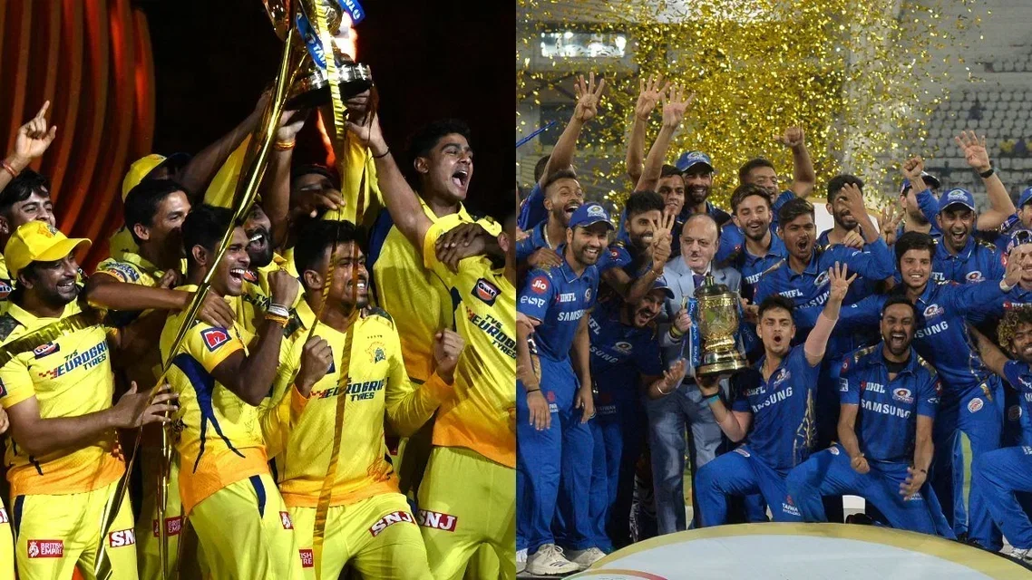 CSK in IPL 2023 (L) and Mumbai Indians in IPL 2019 (R) (Source: AFP)&nbsp;