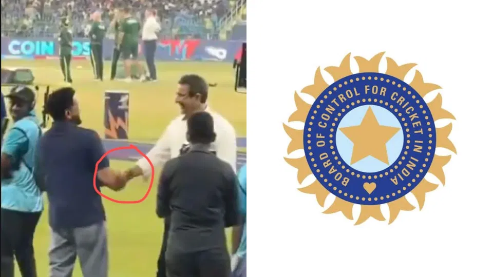 रोहित शर्मा वसीम अकरम से हाथ मिलाते हुए [स्रोत: X]