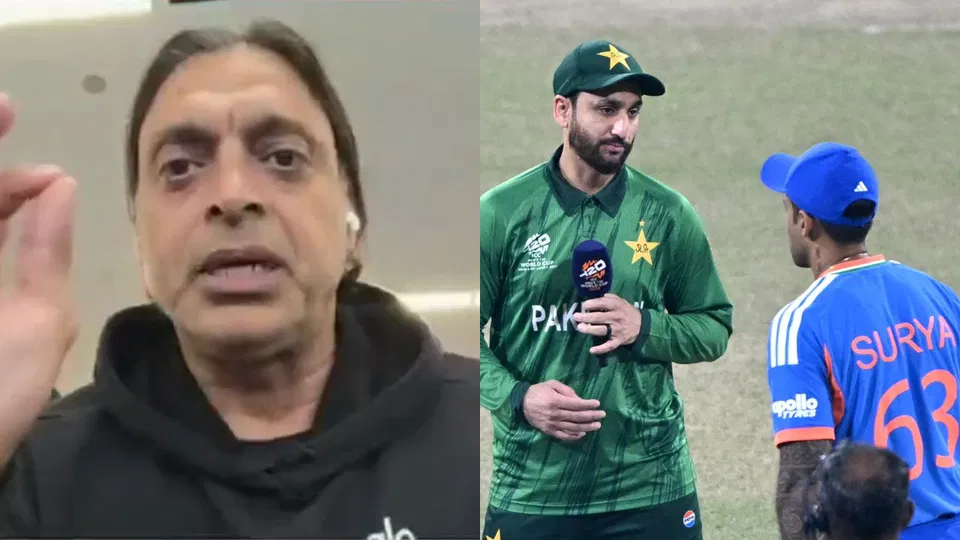 शोएब अख्तर (बाएं), पाकिस्तान के कप्तान सलमान अली आगा (सी), और भारतीय कप्तान सूर्यकुमार यादव (आर) (स्रोत: एएफपी)