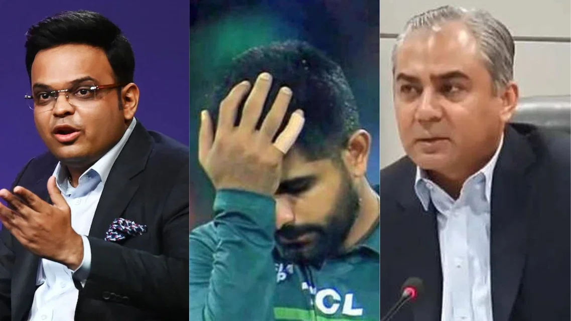Jay Shah, Babar Azam, Mohsin Naqvi. Image Credits: X