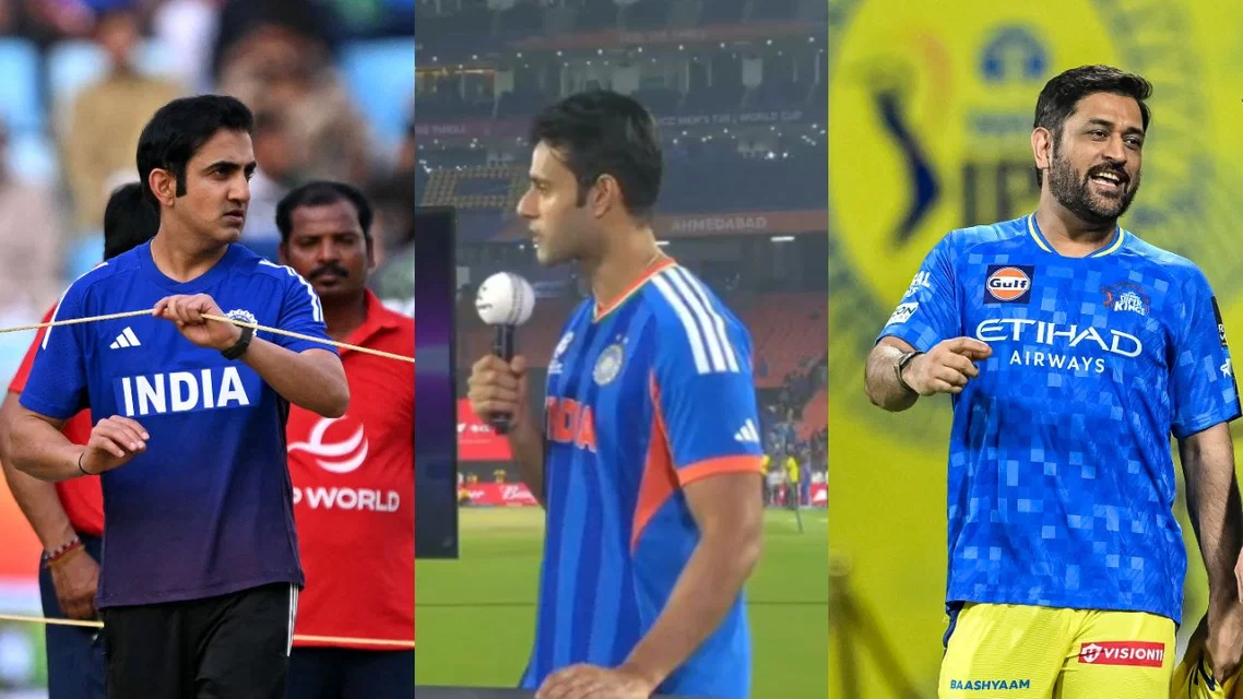 Gautam Gambhir (L), Shivam Dube (C), and MS Dhoni (R) (Source: AFP/X)