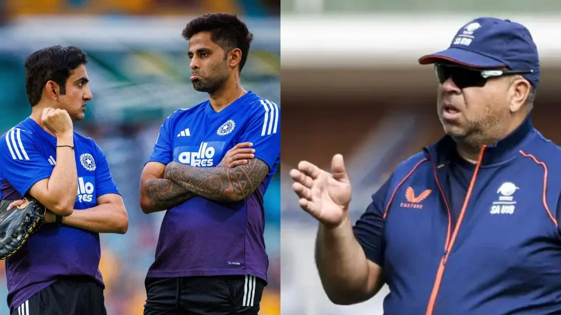 India team in the left with Gautam Gambhir and Shukri Conrad in the right [Source: X]