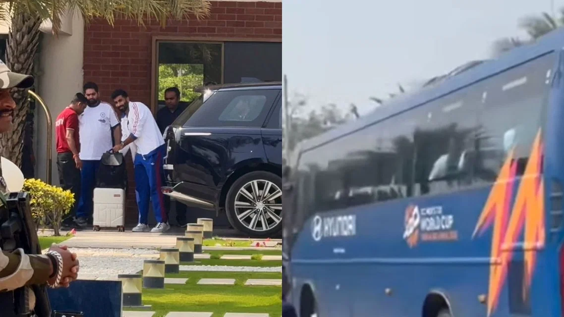 Jasprit Bumrah (L) and Team India's bus at Ahmedabad Aiport (R) (Source: X)&nbsp;