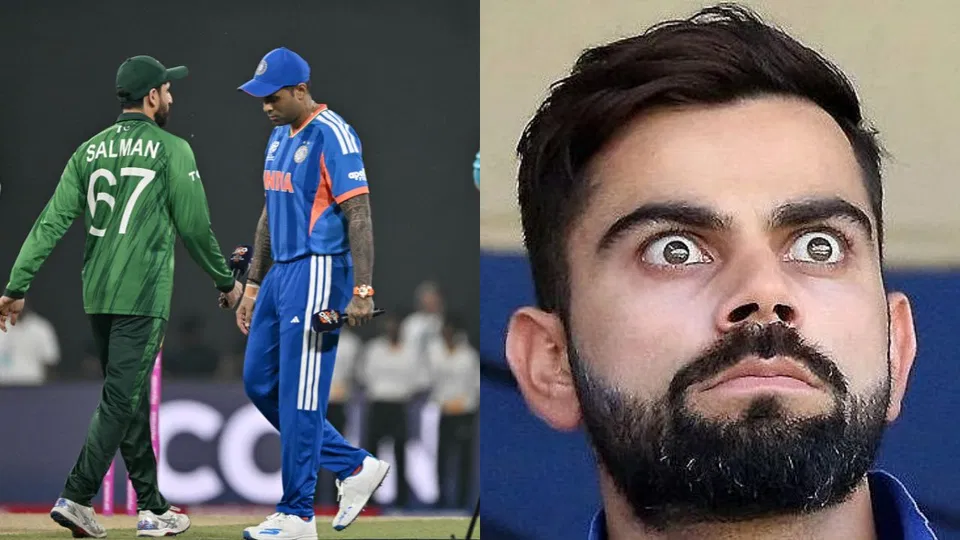 टी20 विश्व कप 2026 में भारत बनाम पाकिस्तान के मैच में सलमान आगा सूर्यकुमार यादव। छवि साभार: एएफपी