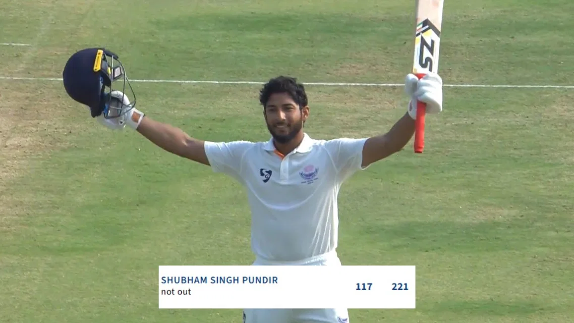 Shubham Pundir scored 117(221) vs Karnataka [Source: BCCIDomestic/X.com]