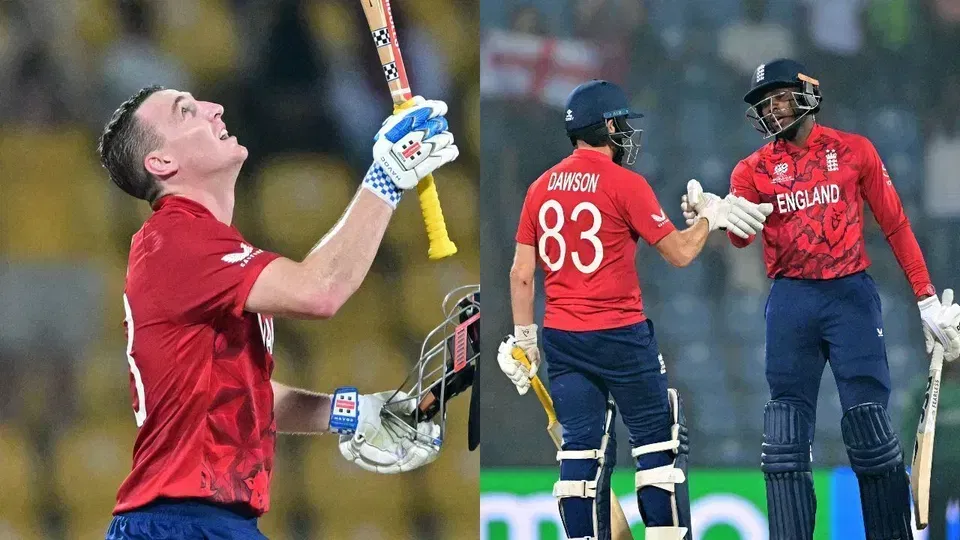 इंग्लैंड के कप्तान हैरी ब्रूक (बाएं), लियाम डॉसन (बीच में), जोफ्रा आर्चर (दाएं) (स्रोत: एएफपी)