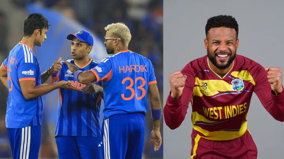 Suryakumar Yadav, Shivam Dube, Hardik Panday and West Indies's captain Shai Hope (Source:X)