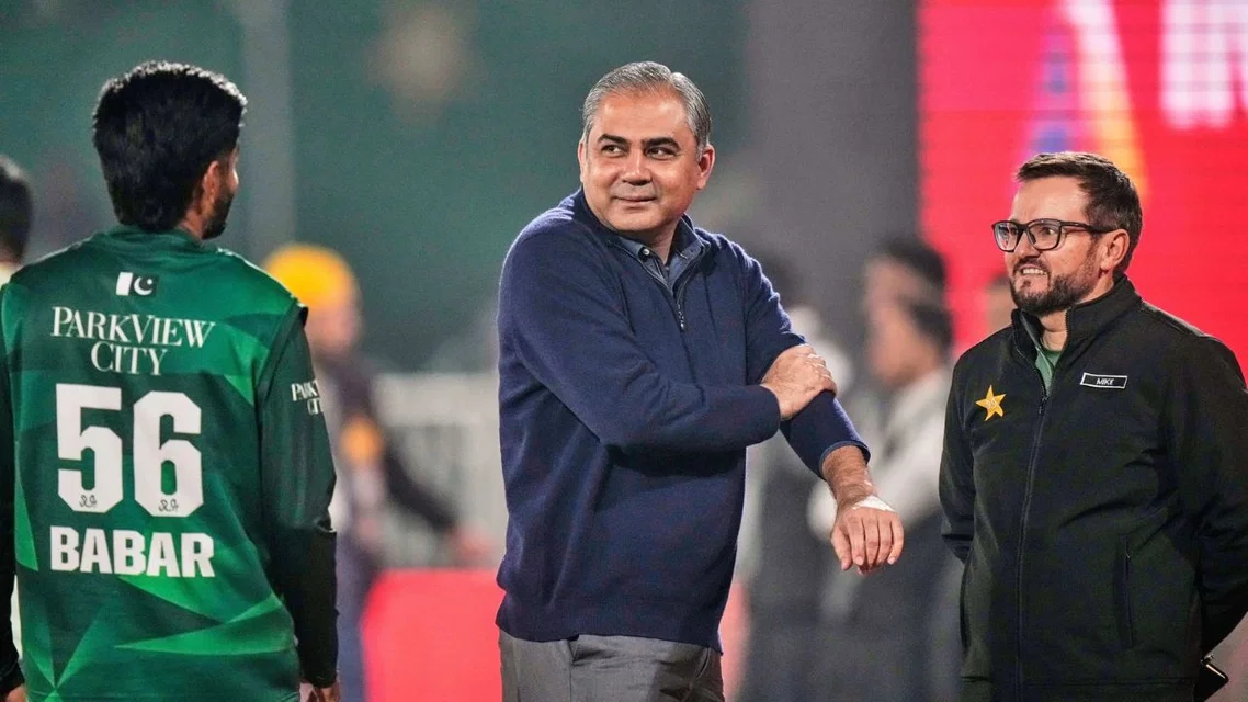 Mohsin Naqvi, Mike Hesson and Babar Azam for Pakistan. Image Credits: X