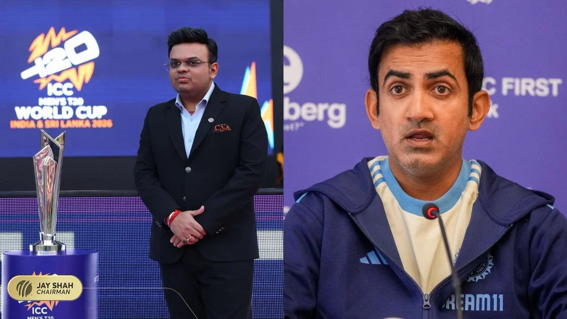 Jay Shah with ICC T29 World Cup trophy and Gautam Gambhir. Image Credits: X