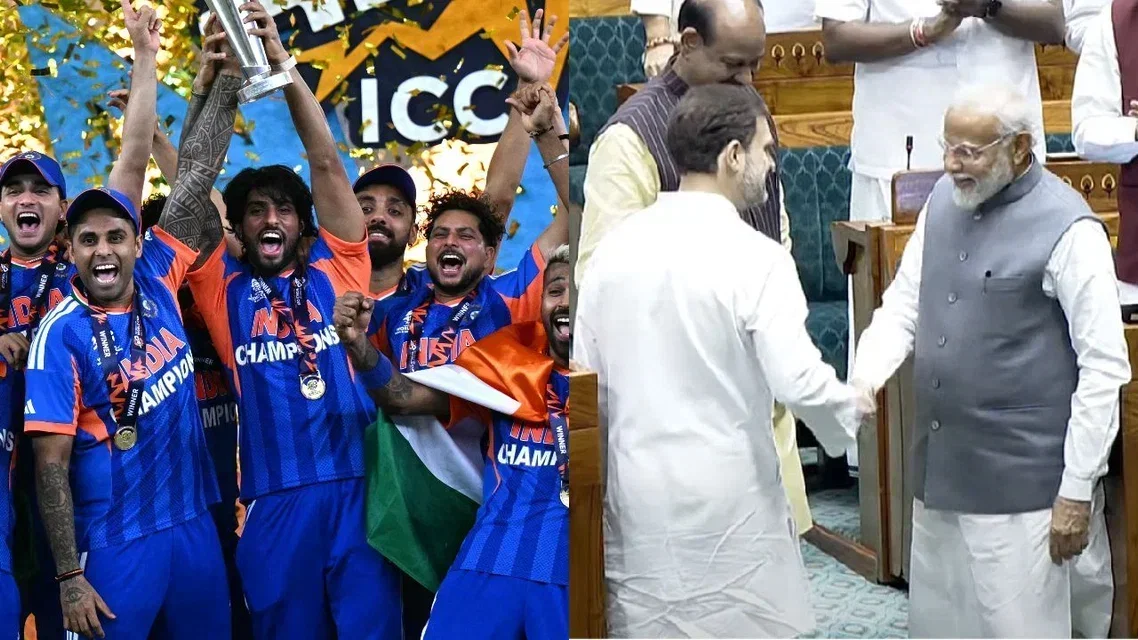Team India with World Cup trophy (L) and Rahul Gandhi, Narendra Modi (R) (Source: AFP/X)