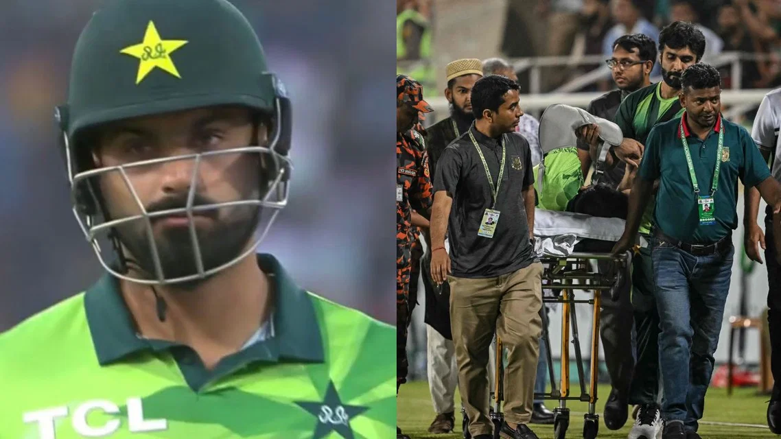 Hussain Talat stretchered off the field vs Bangladesh [Source: @TsMeSalman, @gulftoday/x]