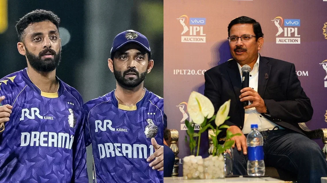 Varun Chakaravarthy Ajinkya Rahane Venky Mysore for KKR. Image Credits: AFP