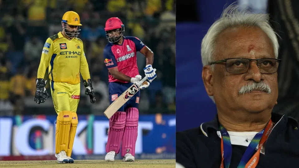 एमएस धोनी, संजू सैमसन और काशी विश्वनाथन (स्रोत: एएफपी और एक्स)