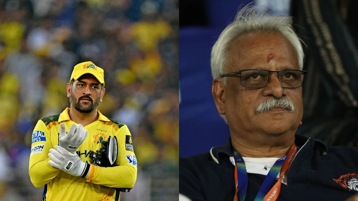 MS Dhoni Kasi Vishwanathan for CSK. Image Credits: AFP/X