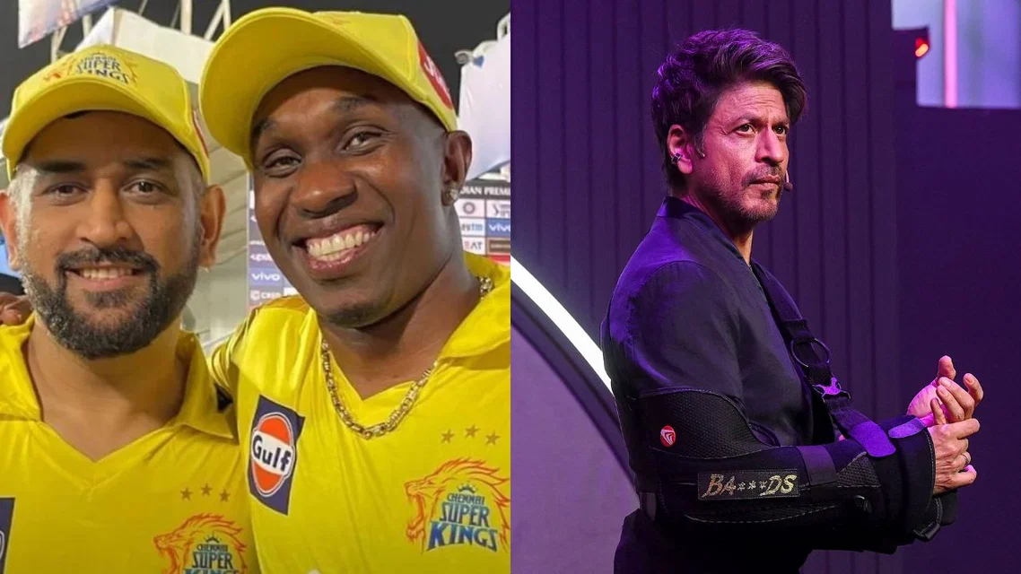 Dwayne Bravo MS Dhoni for CSK Shah Rukh Khan for KKR. Image Credits: X/AFP