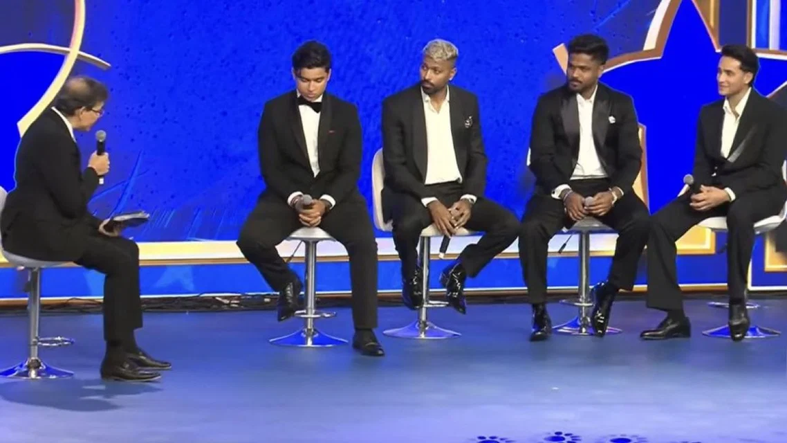 Hardik Pandya with Abhishek Sharma, Samson & Suryavanshi (PC -x.com/IMManu_18)