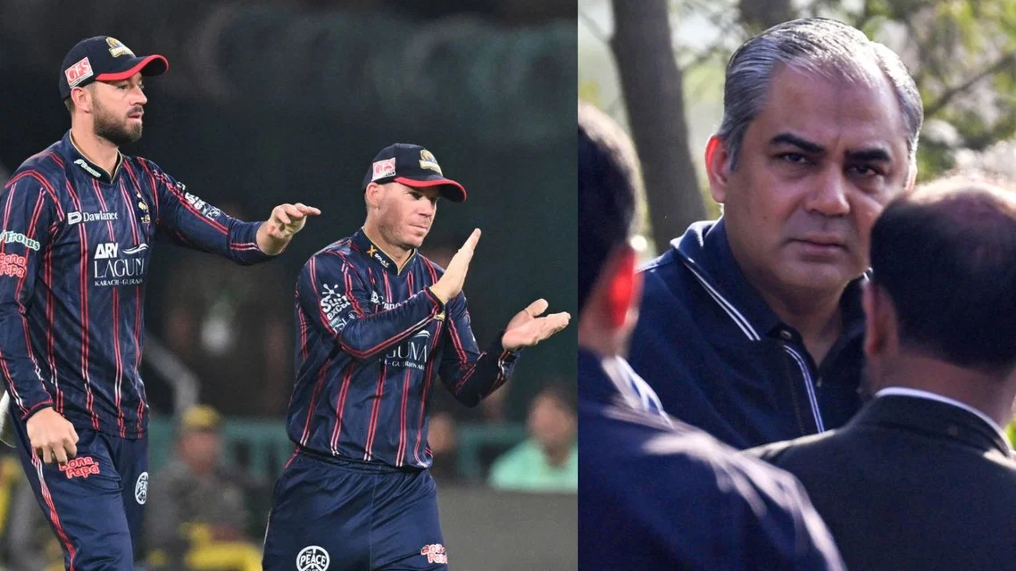 David Warner, James Vince & PCB's Mohsin Naqvi in a collage (PC - afp.com)