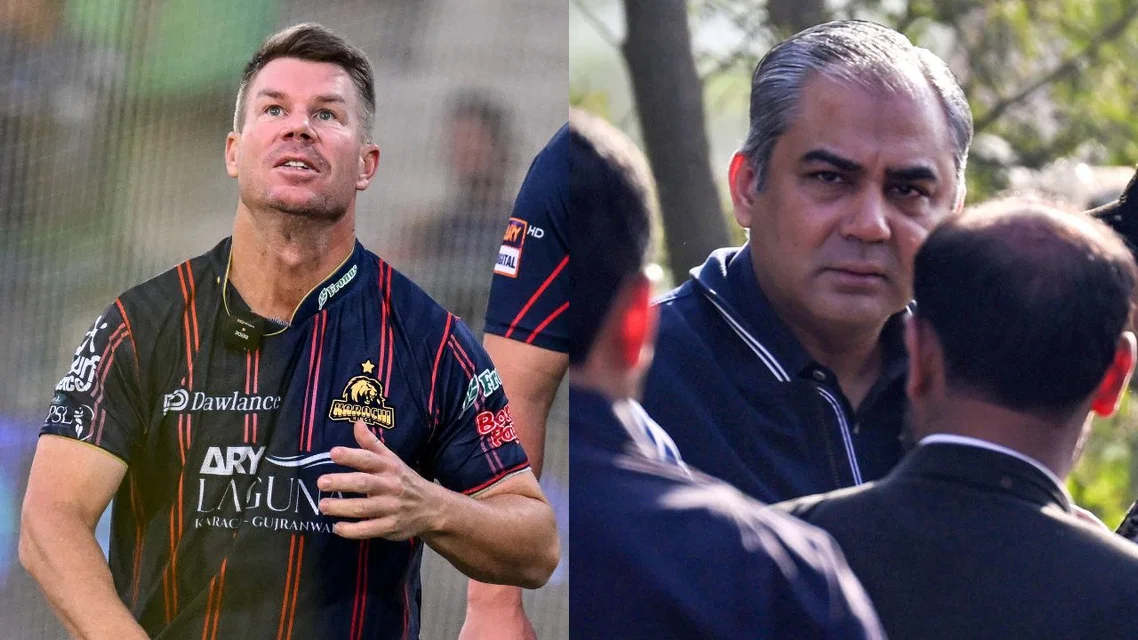 David Warner Mohsin Naqvi for PSL. Image Credits: AFP