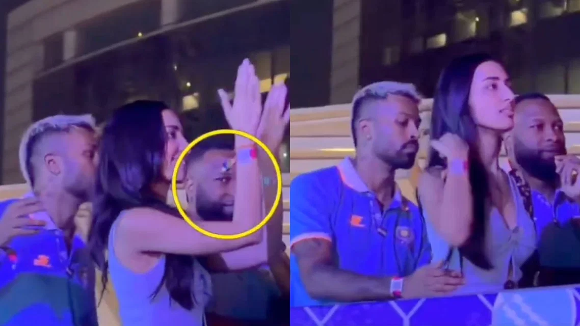 Kieron Pollard gets awkward with Hardik Pandya and Mahieka [Source: @Subhash_Kumar02/X.com]
