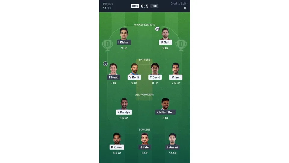 RCB vs SRH, IPL 2026: Dream11 Team 2 [Source: @Dream11 App]