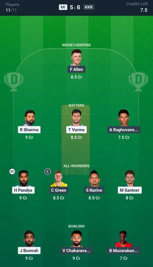 MI vs KKR, IPL 2026: Dream11 Team 1 [Source: @Dream11 App]